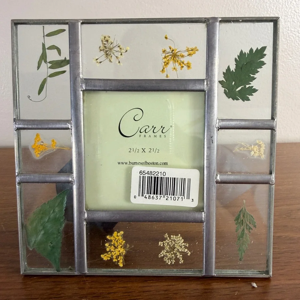 Vintage 1998 Carr Pressed Wildflower Glass Photo Frame 2.5x2.5 Original Box